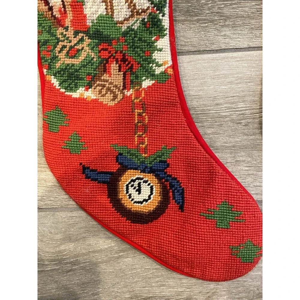 2x Vintage 1990s Needlepoint Hanging Christmas Stockings Santa And Cat